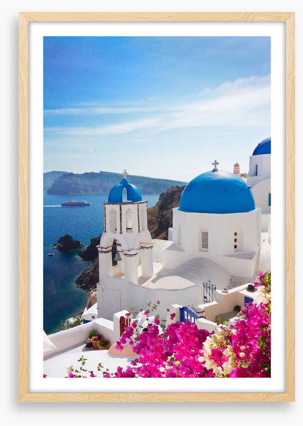 Blue domes and blossom, Santorini