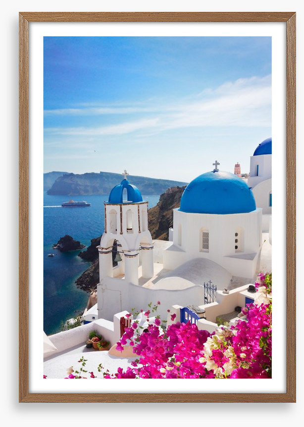 Blue domes and blossom, Santorini