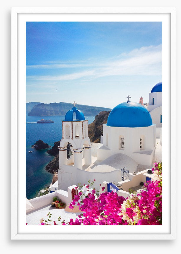 Blue domes and blossom, Santorini