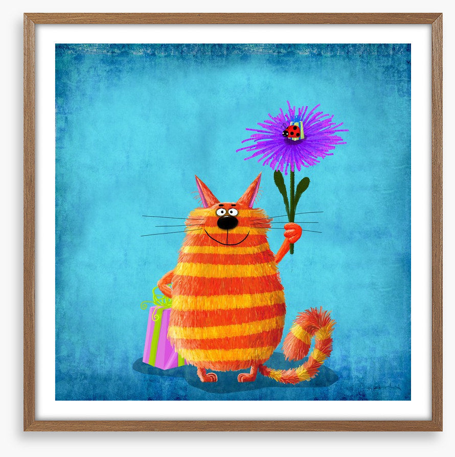 Striped cat with flower