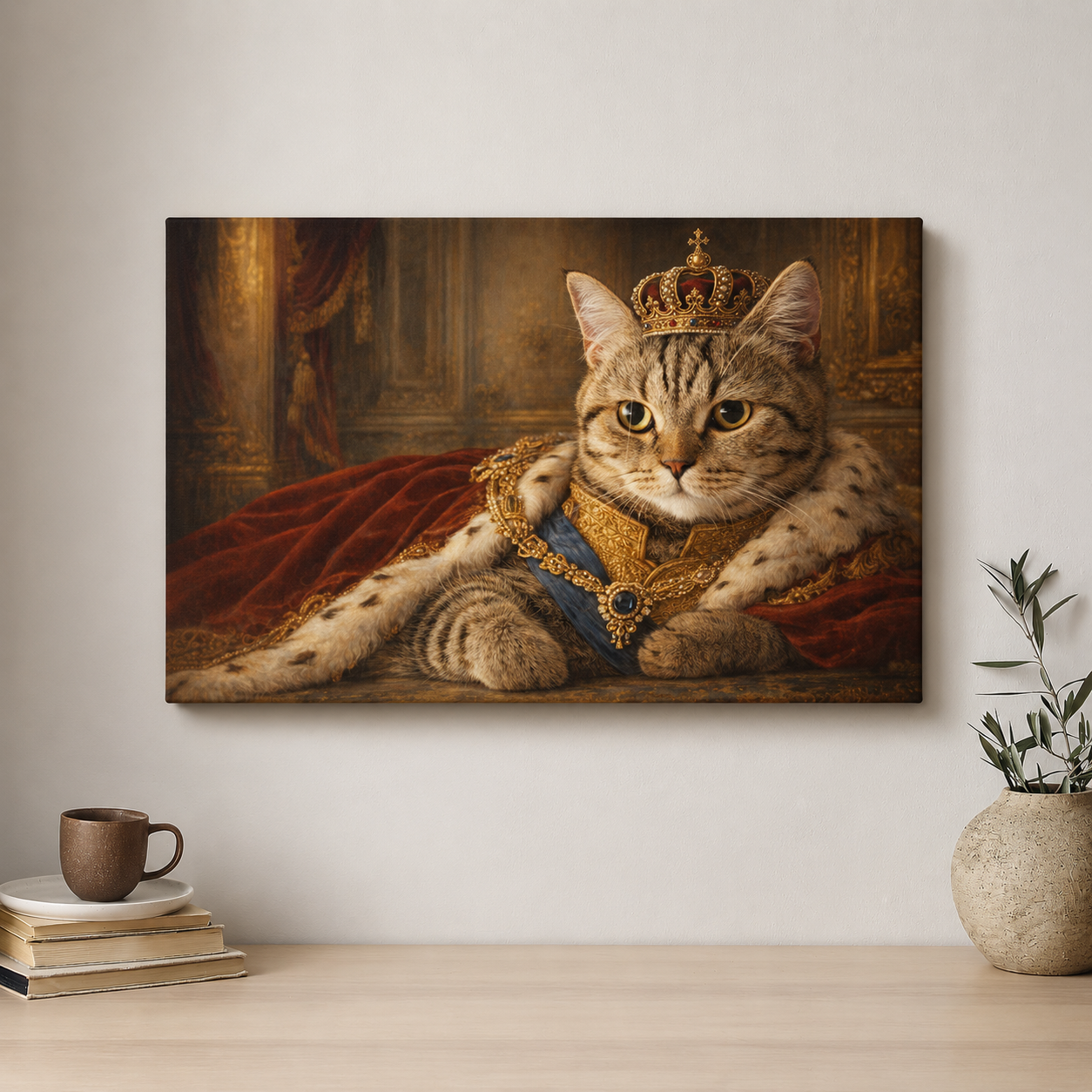 Canvas print of a cat wearing royal attire on a wall above a table with books and a plant.