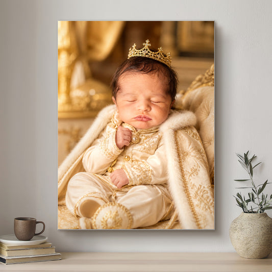 Newborn baby in royal attire with a crown, sitting on an ornate chair, framed on a wall.
