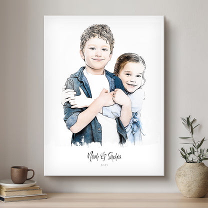 Children Ink Line Artistic Design Custom Portrait | Stretched Canvas