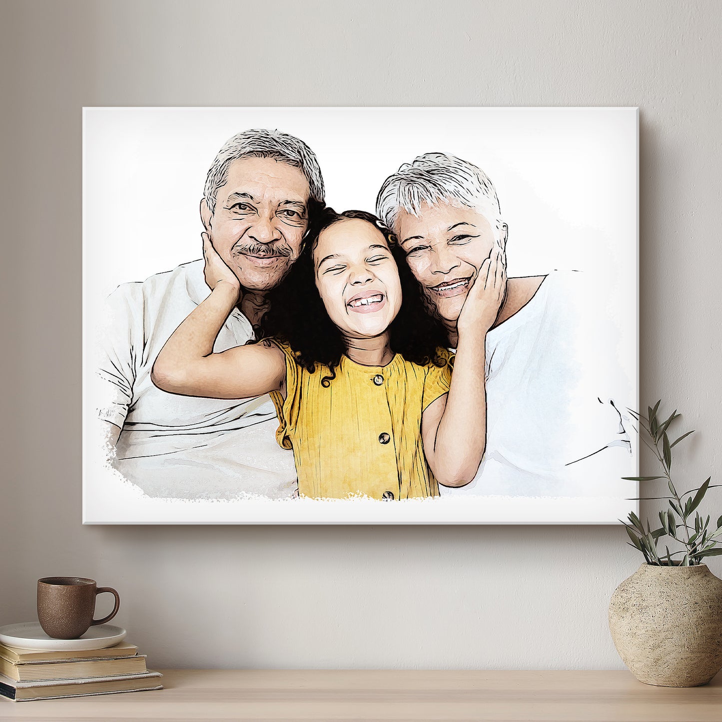 Grandparent Ink Line Artistic Design Custom Portrait | Stretched Canvas