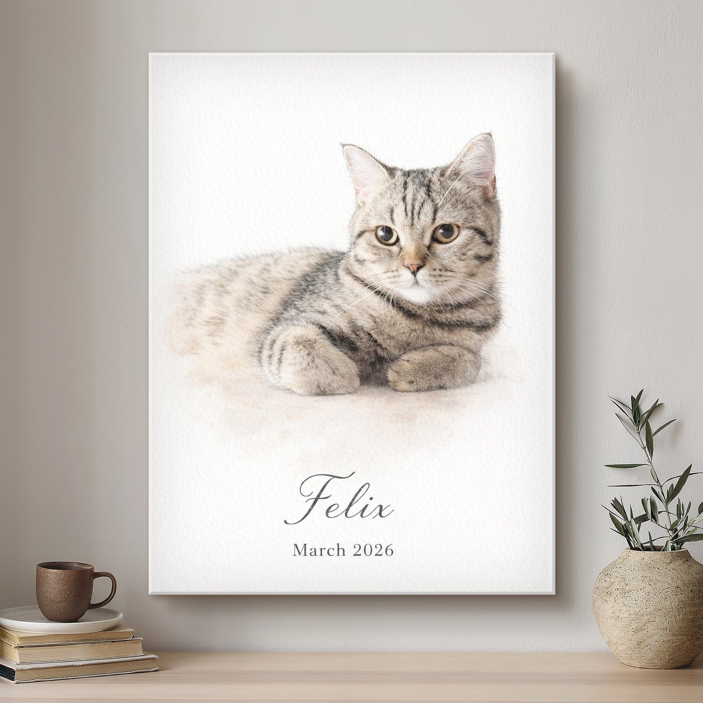 Framed portrait of a cat named Felix with a neutral background