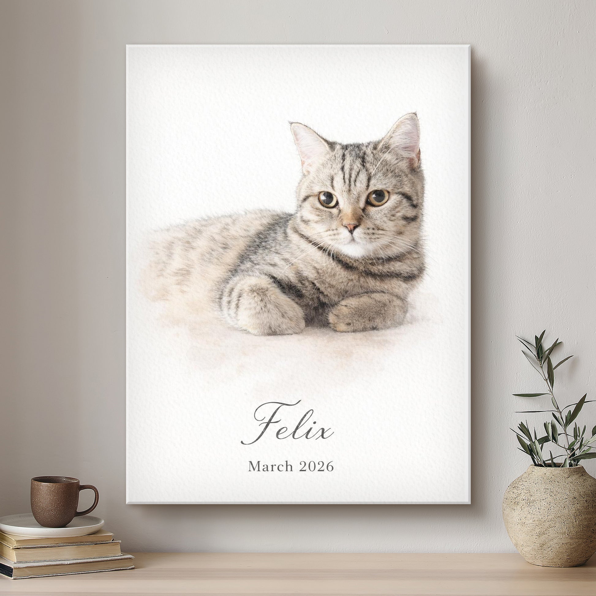 Framed portrait of a cat named Felix with a neutral background