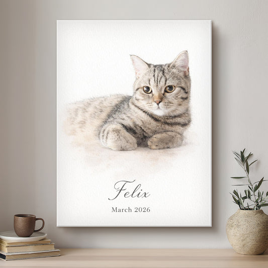 Framed portrait of a cat named Felix with a neutral background