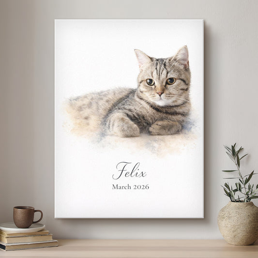 Framed portrait of a cat named Felix with a neutral background