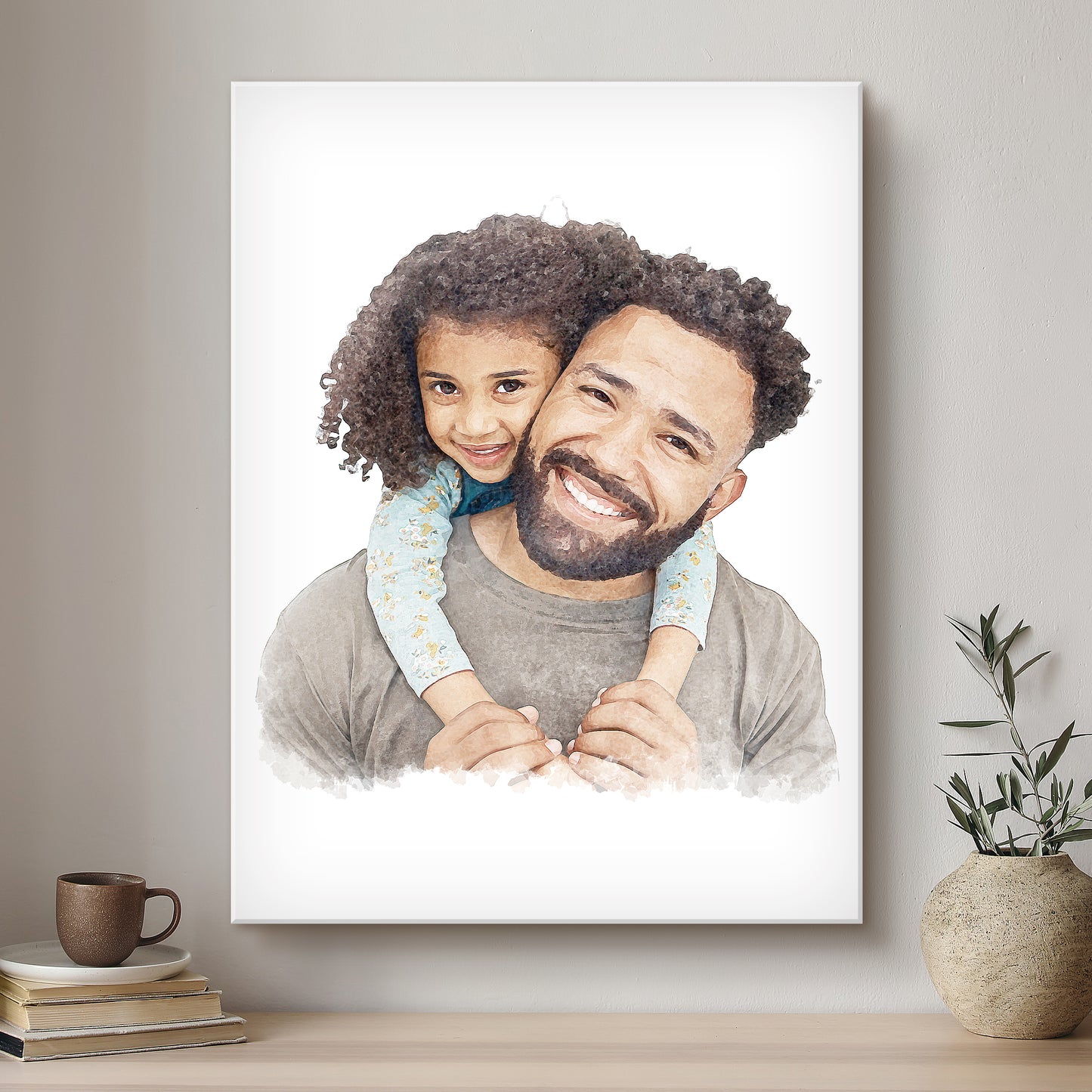 Daddy & Me Soft Watercolour Custom Portrait | Stretched Canvas