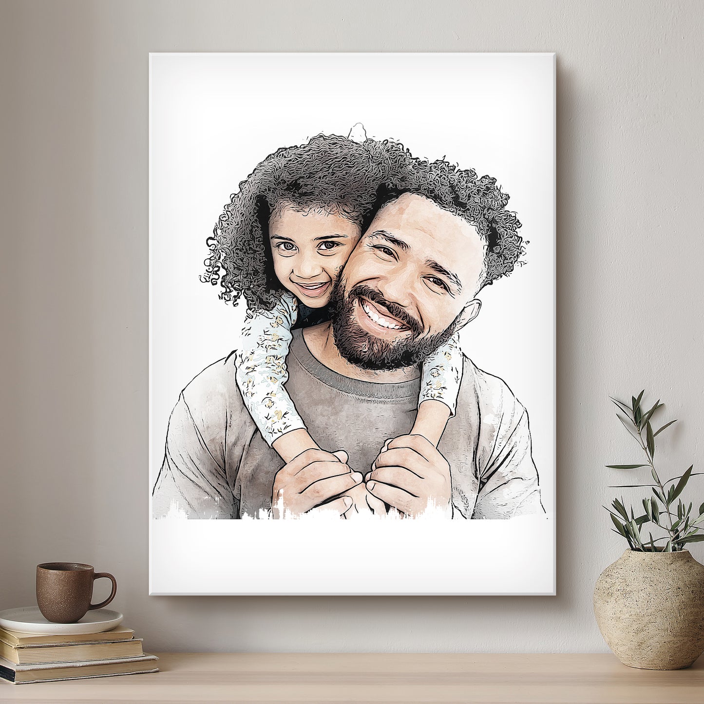 Daddy & Me Ink Line Artistic Design Custom Portrait | Stretched Canvas