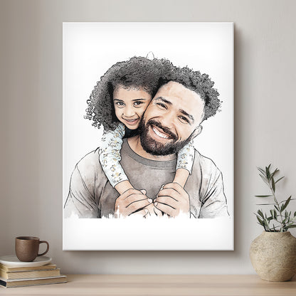 Daddy & Me Ink Line Artistic Design Custom Portrait | Stretched Canvas