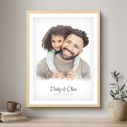 Daddy & Me Soft Watercolour Custom Portrait | Framed Art Print