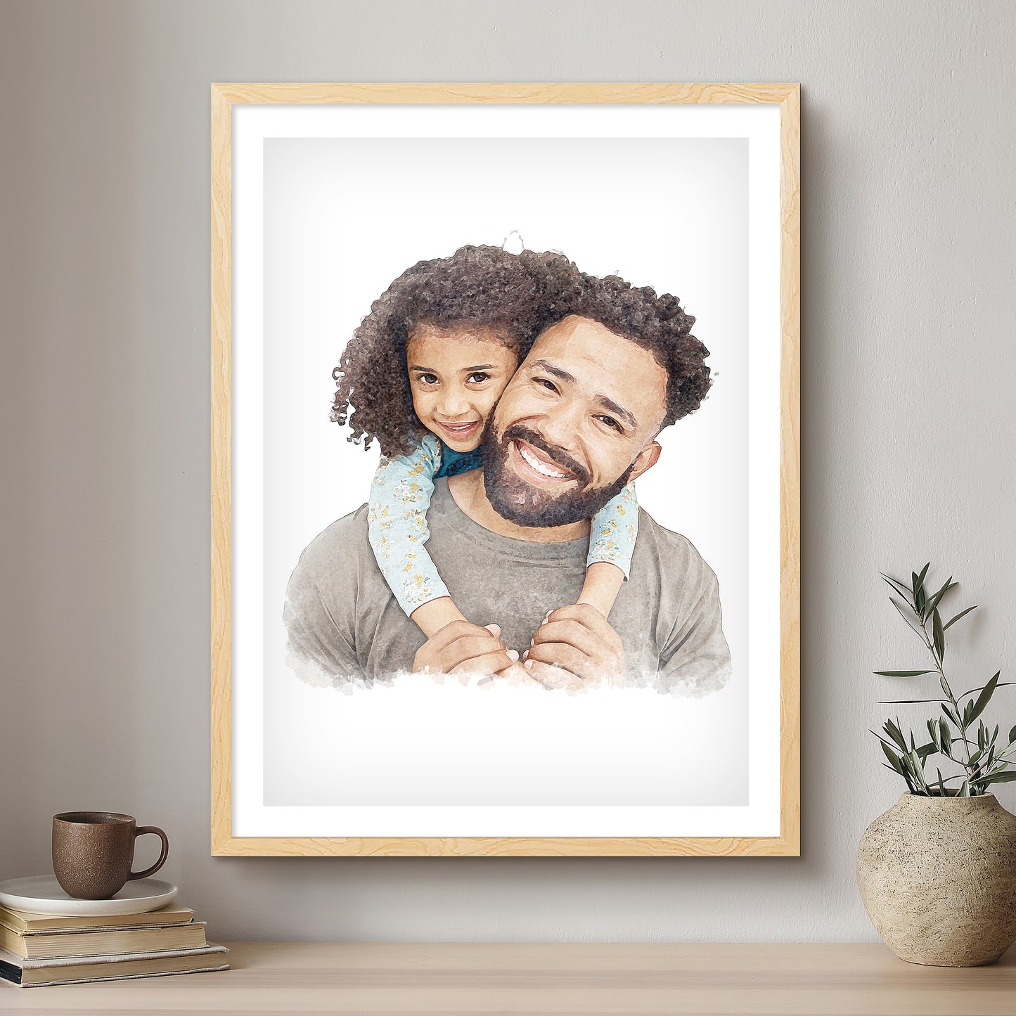 Daddy & Me Soft Watercolour Custom Portrait | Framed Art Print
