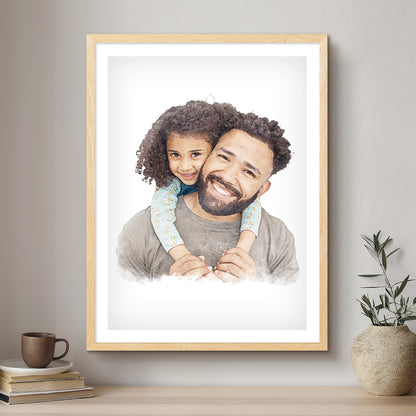 Daddy & Me Soft Watercolour Custom Portrait | Framed Art Print