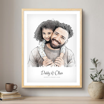 Daddy & Me Ink Line Artistic Design Custom Portrait | Framed Art Print