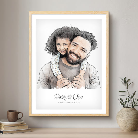 Daddy & Me Ink Line Artistic Design Custom Portrait | Framed Art Print