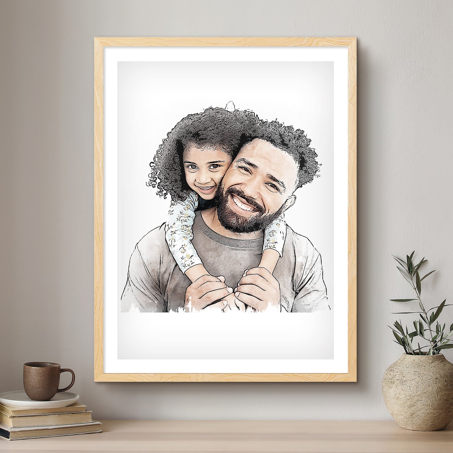 Daddy & Me Ink Line Artistic Design Custom Portrait | Framed Art Print