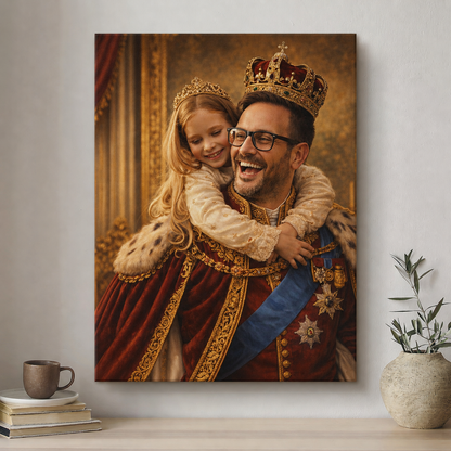 Canvas print of a father and daughter in regal attire on a wall with decor items below.