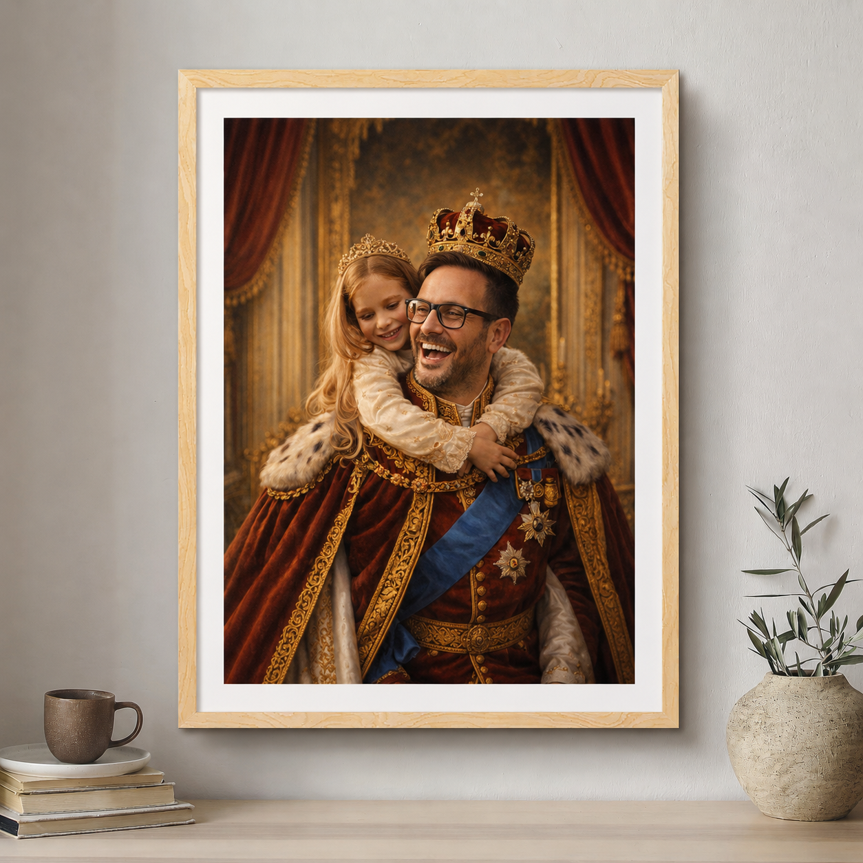 Framed picture of a man and child in regal attire on a wall above a shelf with decor items.