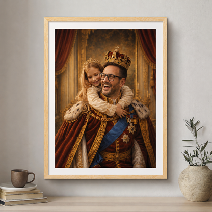 Framed picture of a man and child in regal attire on a wall above a shelf with decor items.