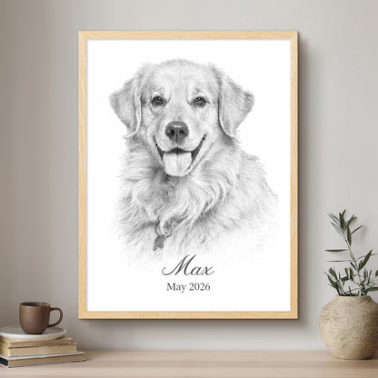 Framed black and white portrait of a dog named Max with a wooden frame on a wall.