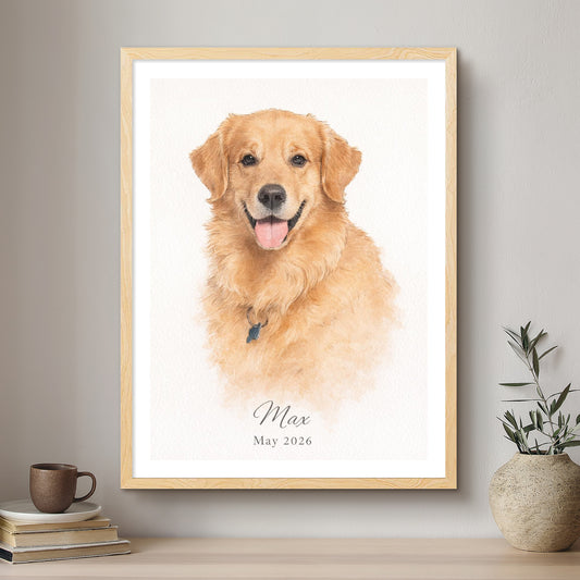 Framed portrait of a golden retriever named Max on a wall with books and a plant below.