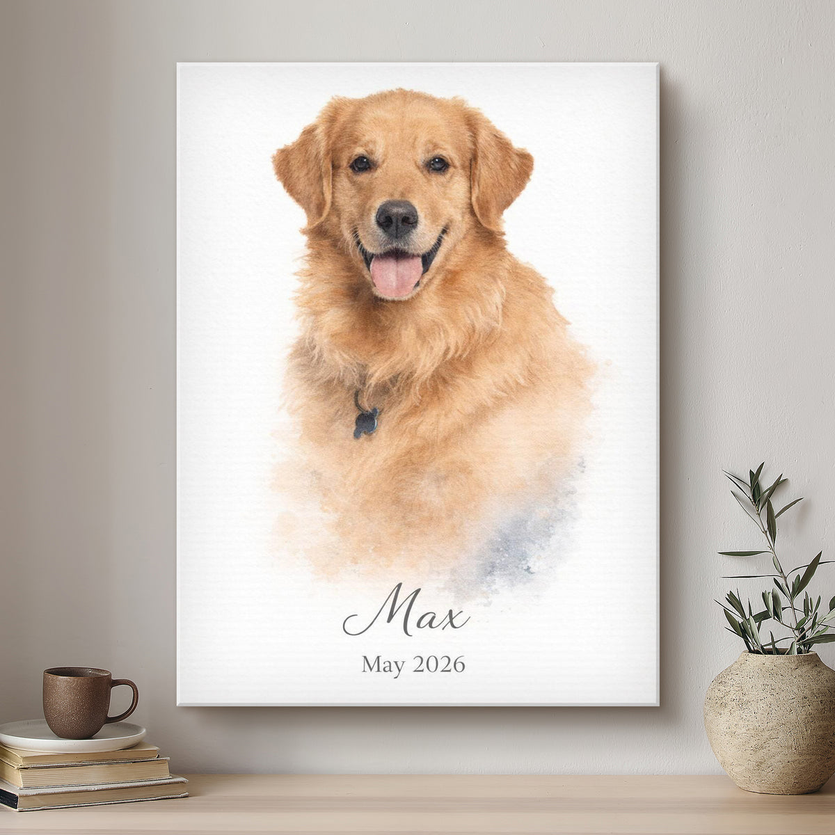 Framed portrait of a golden retriever named Max on a wall above a shelf with books and a plant.