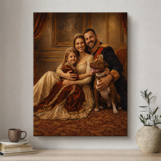 Framed portrait of a family with dogs in regal attire on a wall above a coffee cup and books.