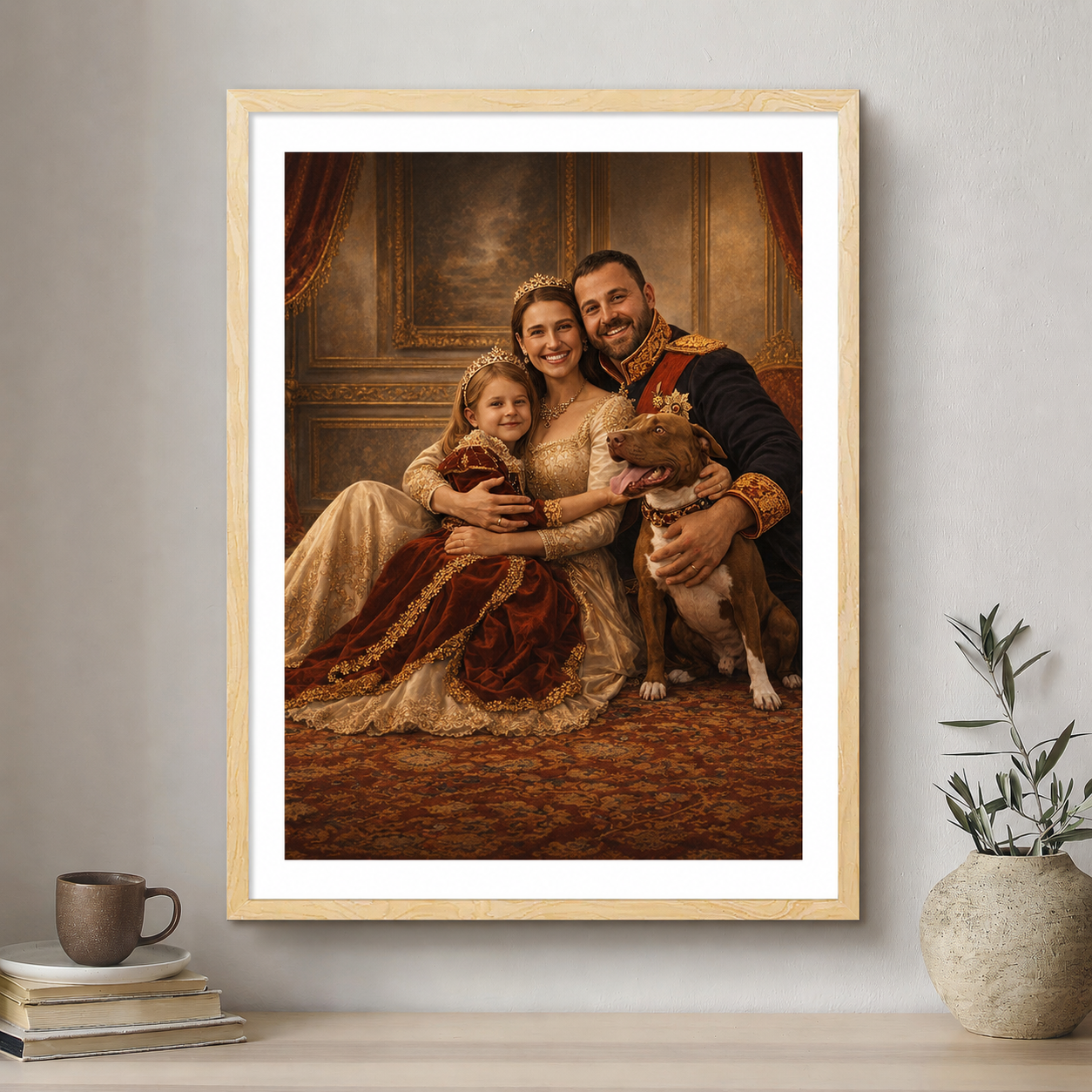 Framed portrait of a family with dogs on a wall above a shelf.