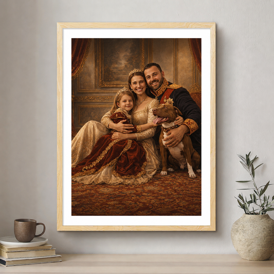 Framed portrait of a family with dogs on a wall above a shelf.