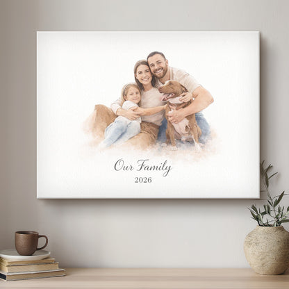Family portrait with 'Our Family 2026' text on a wall above a table with a plant and books.