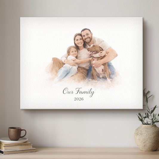 Family portrait with 'Our Family 2026' text on a wall above a table with a plant and books.
