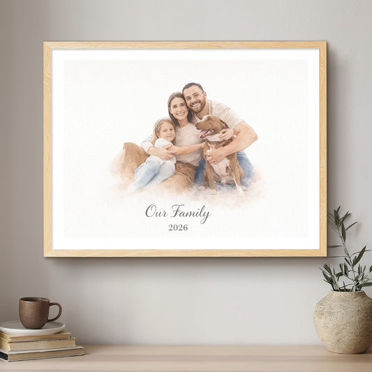 Framed family portrait with 'Our Family 2026' text on a wall above a shelf.
