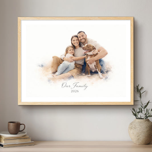 Framed family portrait with dogs on a wall above a shelf with books and a plant.