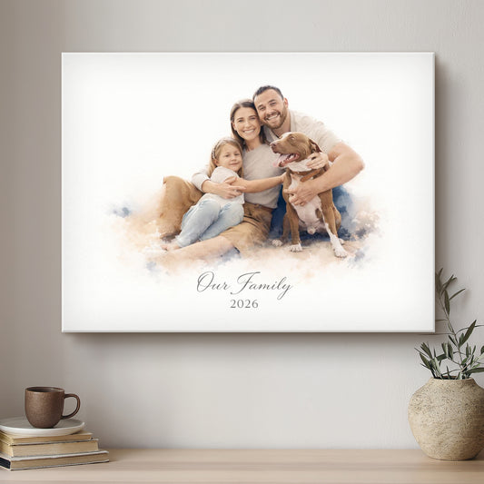 Family photo with a dog on a wall in a home setting