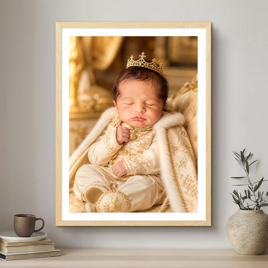 Framed photograph of a baby in royal attire on a wall above a shelf with decor items.