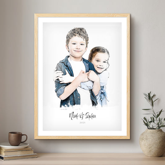 Children Ink Line Artistic Design Custom Portrait | Framed Art Print