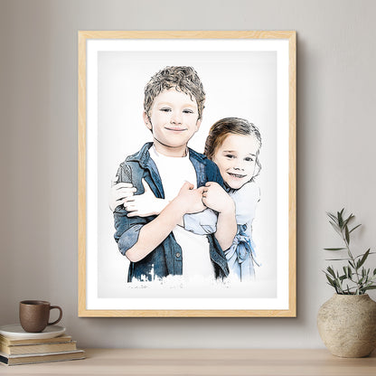 Children Ink Line Artistic Design Custom Portrait | Framed Art Print