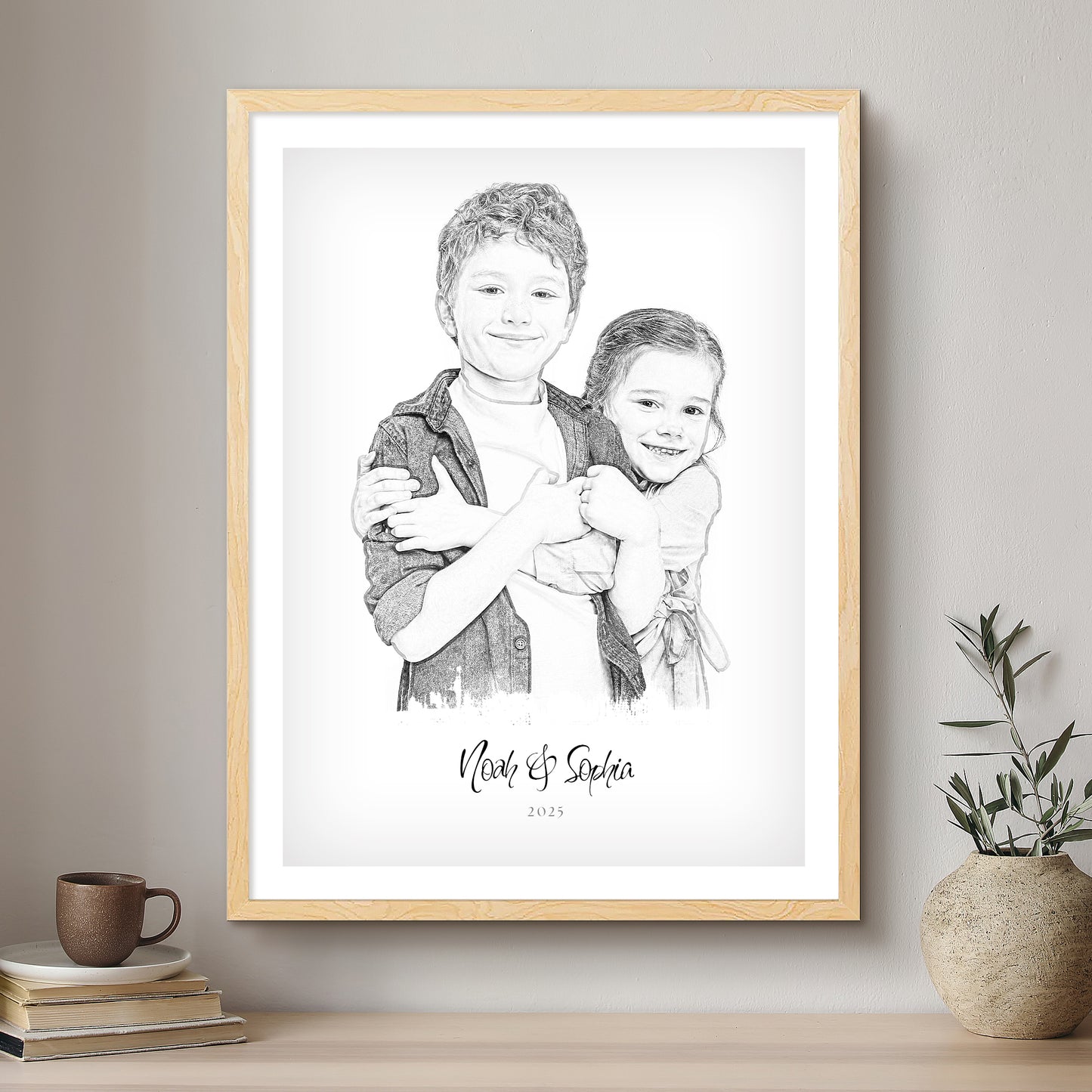 Children & Me Black & White Artistic Design Custom Portrait | Framed Art Print