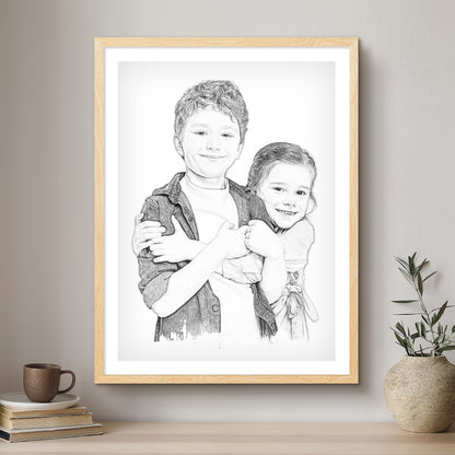 Children & Me Black & White Artistic Design Custom Portrait | Framed Art Print
