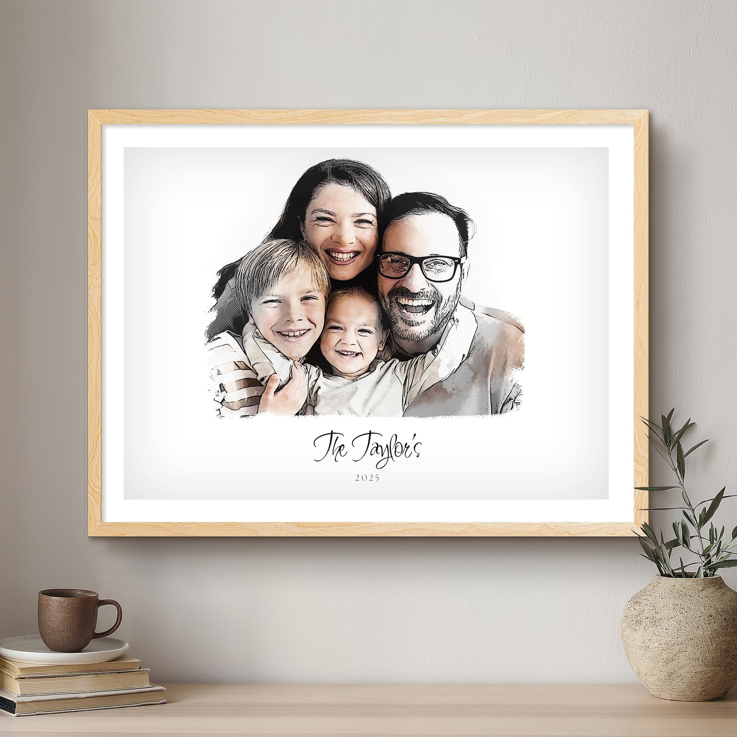 Family Ink Line Artistic Design Custom Portrait | Framed Art Print