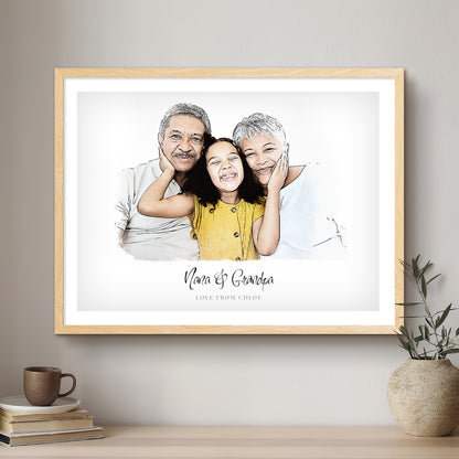 Grandparent Ink Line Artistic Design Custom Portrait | Framed Art Print