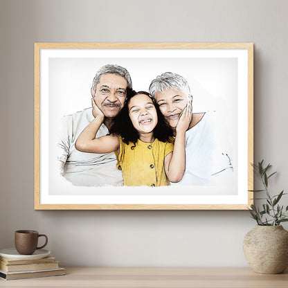 Grandparent Ink Line Artistic Design Custom Portrait | Framed Art Print