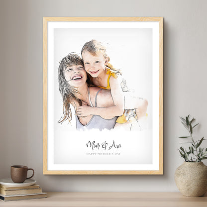 Mummy & Me Ink Line Artistic Design Custom Portrait | Framed Art Print