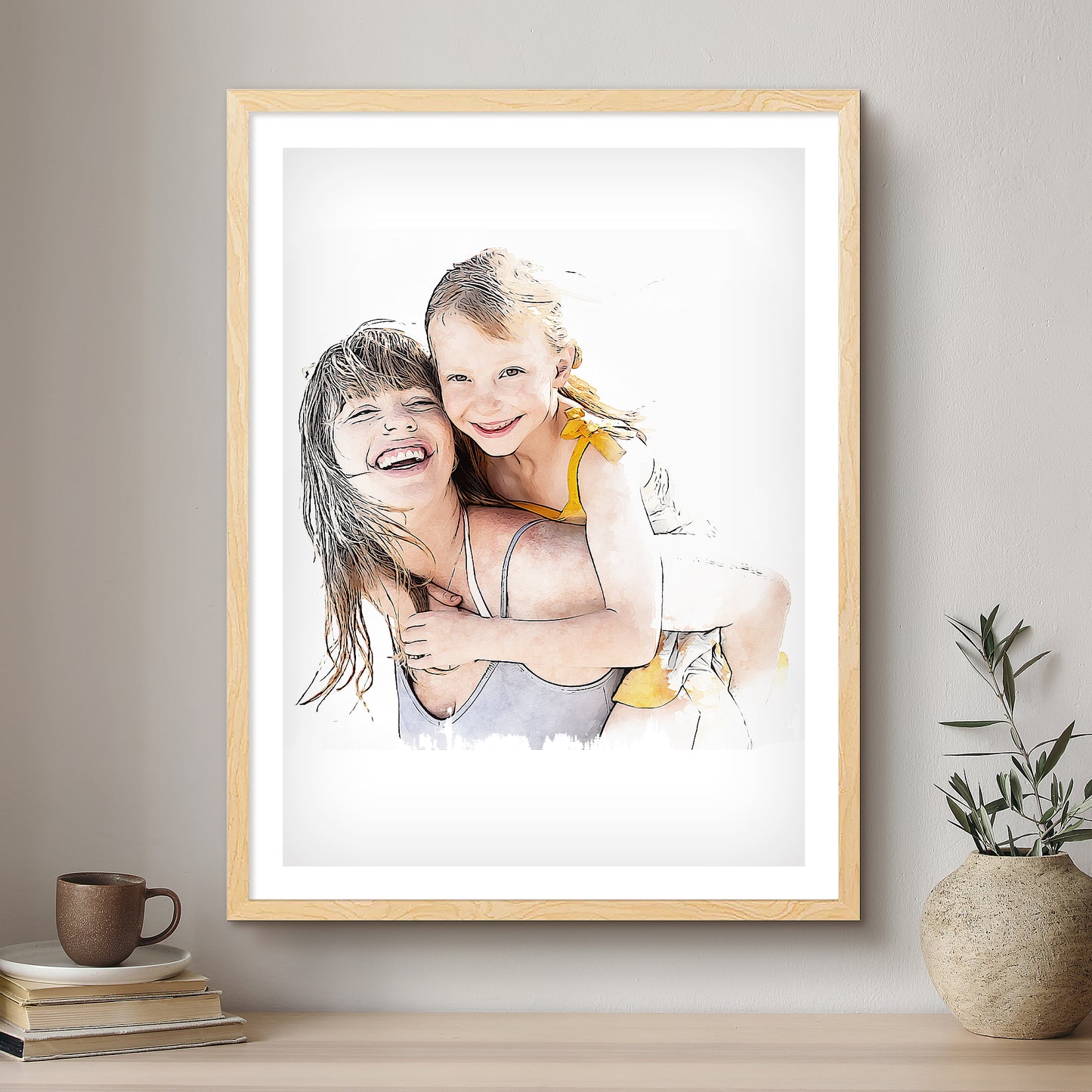 Mummy & Me Ink Line Artistic Design Custom Portrait | Framed Art Print