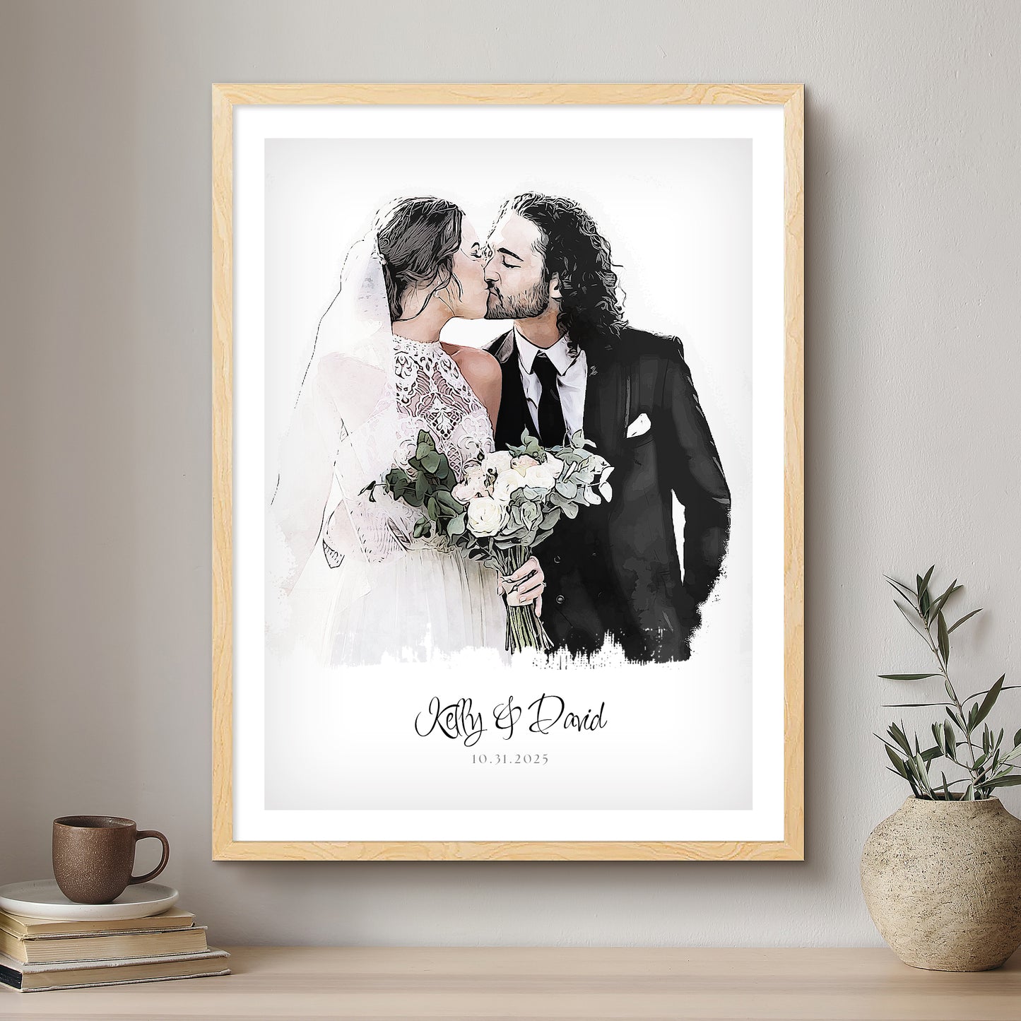 Wedding Ink Line Artistic Design Custom Portrait | Framed Art Print