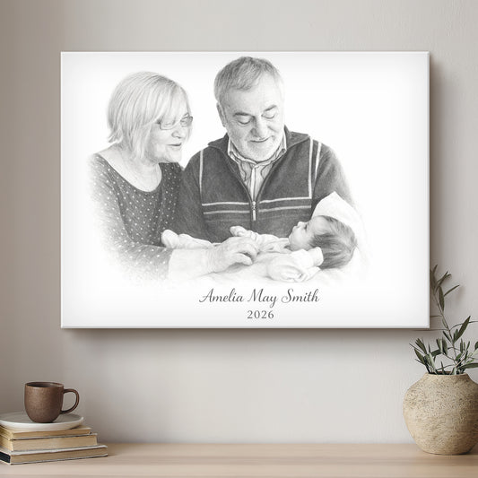 Canvas print of a family with a baby on a wall above a shelf with books and a plant.