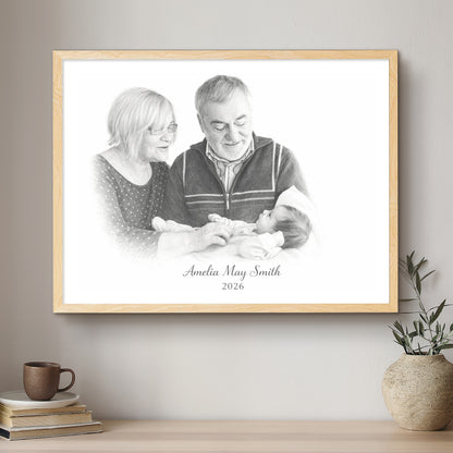 Framed black and white portrait of a couple holding a baby on a wall above a shelf with books and a plant.