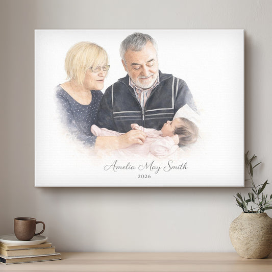 Framed artwork of an elderly couple holding a baby on a wall above a shelf with books and a plant.