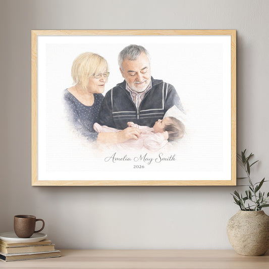 Framed artwork of a family holding a baby on a wall above a shelf with decor items.